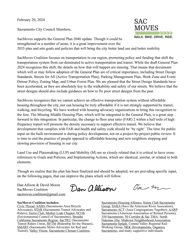 SacMoves letter to Sac City Council in support of 2040 General Plan adoption